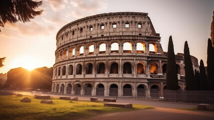 Naklejka premium Rome, Italy. The Colosseum or Coliseum at sunrise.generative ai