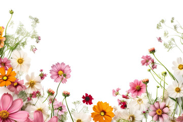 Obraz na płótnie Canvas Beautiful summer garden flowers. Cosmos, aster, coreopsis, zinnia, and daisy flower frame border isolated on a white background. Creative layout