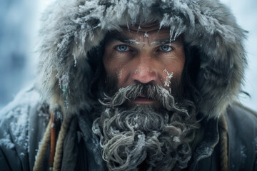 Polar explorer, portrait of serious adult bearded frozen male traveler in north