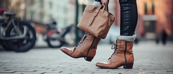 side angle Women's legs in boots shoes and handbag.autumn fashion.