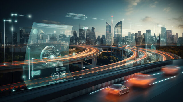 Smart Autonomous Vehicles: Futuristic Urban Transportation with AI Technology - Aerial Drone View