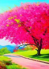 Traveling Through Spring: Colorful Roadside Flower Tree in Painted Artwork