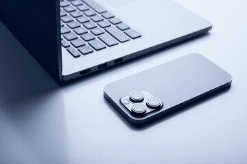 Laptop with smartphone. Close up image.