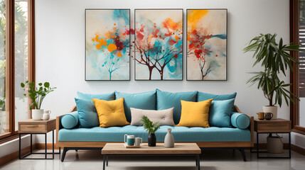 Blue sofa with colorful pillows against white wall with art posters frames. Mid-century style home interior design of modern living room