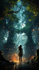  A woman stands in a mystical forest, the light breaks through the leaves,