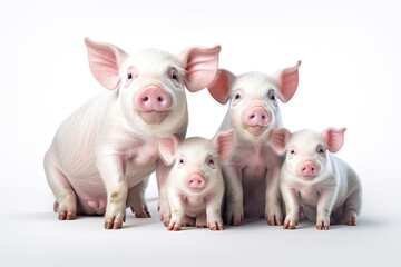 Image of family group of pigs on white background. Farm animals. Illustration, Generative AI.