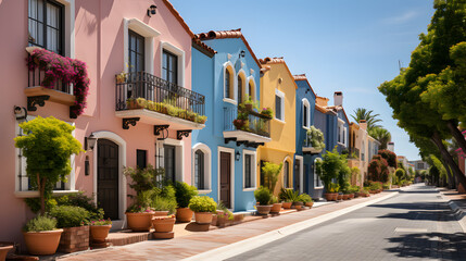 Fototapeta na wymiar Colorful stucco finish traditional private townhouses. Residential architecture exterior
