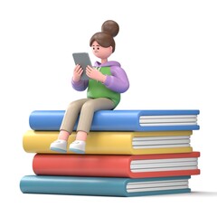 3D Illustration of Asian girl Renae sits on big books.Concept mobile application and books services. 3D rendering on white background.
