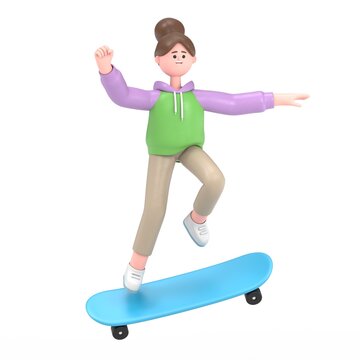 3D illustration of Asian girl Renae in shorts jump up in air on skateboard have fun joy.3D rendering on white background.

