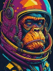 Space monkey cyberpunk illustration isolated on black background. Chimpanzee astronaut face in spacesuit, colorful splashing environment. Futuristic cosmos explorer, future galaxy. Ai generative