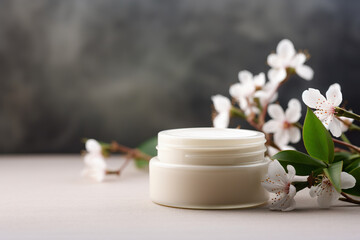Fototapeta na wymiar Cosmetic cream in a jar with blooming branches on a gray background