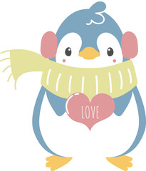 happy valentine's day with penguin holdiing heart, love concept, flat png transparent element character design