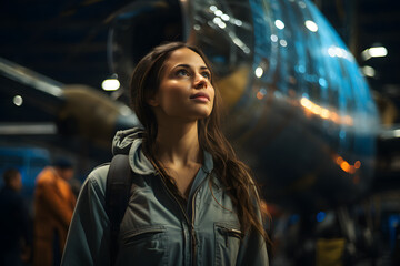 Woman stands inside a vast hangar next to a spacecraft or airplane, tools in hand, deeply engrossed in making adjustments or inspections