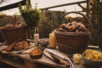 still life with bread and basket, bretzel