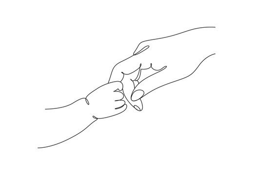 Continuous one line art of baby holding mother finger vector illustration. Isolated on white background. Pro vector.
