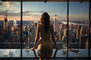 Powerful woman stands at the head of a conference table in a modern office, commanding attention with her confident posture, business meeting - obrazy, fototapety, plakaty