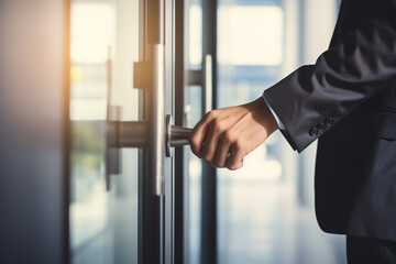 Close up of businessman opening the door of office building. Business concept