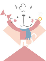 happy valentine's day with cat holding love letter and diamond ring, love concept, flat png transparent element character design