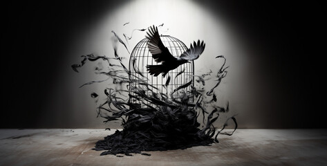 bird cage made of black feathers chasing a flying bird hd wallpaper  - obrazy, fototapety, plakaty