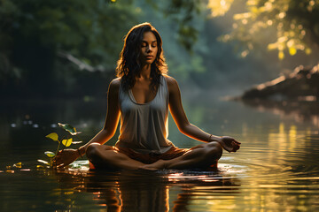 Woman practices yoga beside a gently flowing river, her poses mirroring the fluidity of the water, with soft daylight casting reflections on the water's surface