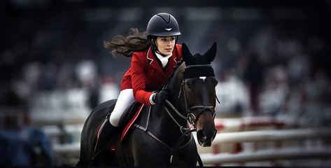 Tuinposter a young woman with a red show coat on rides a black hd wallpaper © Yasir