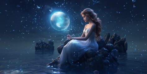 Fototapeta na wymiar Blue ocean shimmering moonlight galaxy little mermaid hd wallpaper