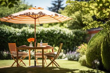 Table and chairs in a garden setting with sunshade and parasol - obrazy, fototapety, plakaty