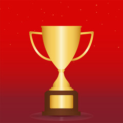 Golden Trophy Cup Isolated on Red Background. Champion and Winning Concept. Vector Illustration.