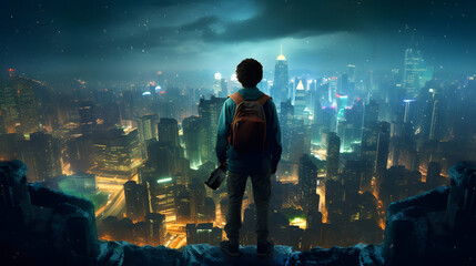Young individual stands atop a city building, looking over the twinkling urban landscape below