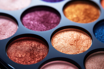 Palette of colorful eyeshadows close-up. Selective focus. - obrazy, fototapety, plakaty