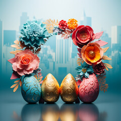 easter eggs with flowers, Easter Egg and Floral Frame on city Blue Background ,minimalistic