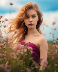 Girl in flower field enveloped in natural sunlight, creating a seraphic atmosphere