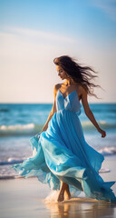 Fototapeta na wymiar Beautiful woman in a blue dress on the beach at sunset