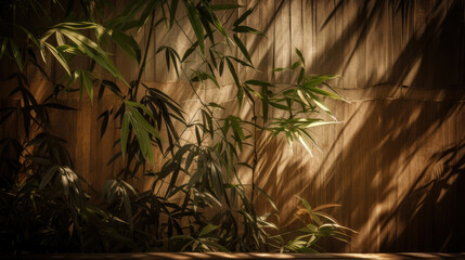Tranquil scene of bamboo leaves' shadows on a brown wooden backdrop bathed in sunlight