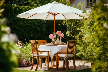 Romantic outdoor cafe in a garden with umbrella in sunny summer day