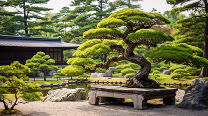 Tranquil Japanese garden with a majestic black pine tree beside a calm reflective pond
