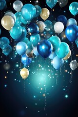 Blue and white balloons with sparkles on dark background. Vector illustration ideal for a greeting card for a birthday party