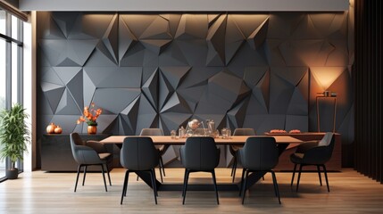 Abstract panel wall with geometric mosaic shapes. Interior design of modern dining room