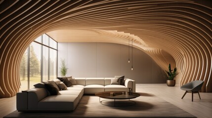 Abstract wooden arched ceiling and wall with curved lines. Interior design of modern living room