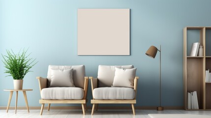 Fototapeta na wymiar Beige armchair and mock up poster on blue wall. Interior design of modern living room