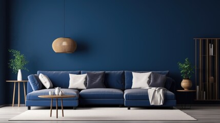 Beige corner sofa in room with dark blue walls. Interior design of modern living room