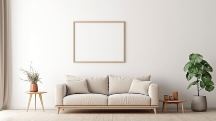 Beige sofa and armchair near white wall. Interior design of modern living room with empty blank mock up poster frame