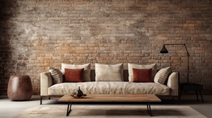 Beige sofa against of grunge aged brick wall. Japanese style interior design of modern living room