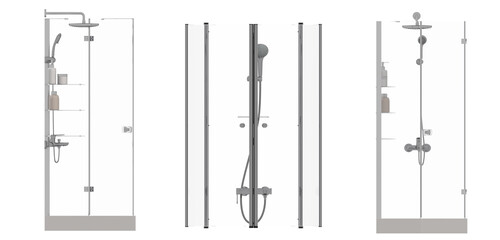 The shower cabin is isolated on a white background, 3D illustration, and a CG render