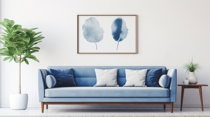 Blue sofa against white wall with art poster frame. Mid century style interior design of modern living room