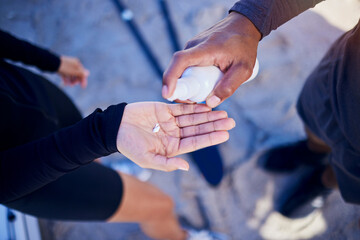 Sunscreen, above and hands of man and woman with moisturizer bottle or cream for skincare or body to workout. Healthy skin, people and cosmetic product in plastic container to apply for exercise