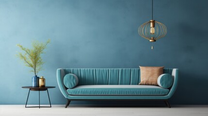 Blue sofa and pendant light against of wall with art decoration. Mid century interior design of modern living room