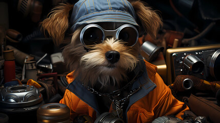 a dog in a carpenter's outfit