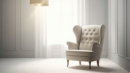 A background image tailored for content creation showcasing an armchair set in a white room, offering a minimalist setting for creative activities. Photorealistic illustration, Generative AI