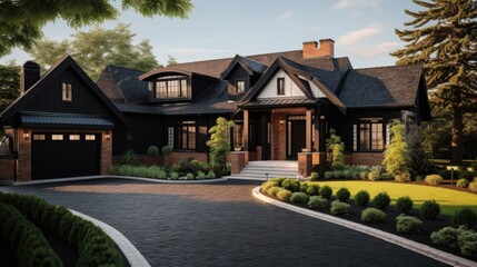  Brick family house with black roof tiles, two garages and beautiful landscaping designed front yard.